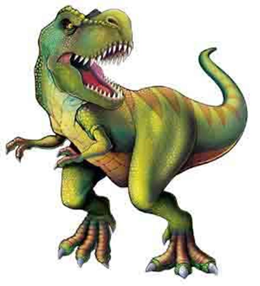 Green and yellow jointed Tyrannosaurus figurine with open mouth and detailed claws.