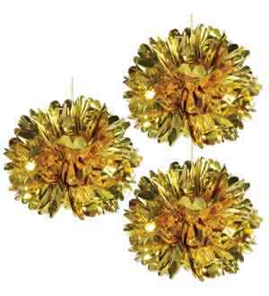 Three shiny gold metallic fluff balls with crinkled texture, designed as decorative pom-poms.