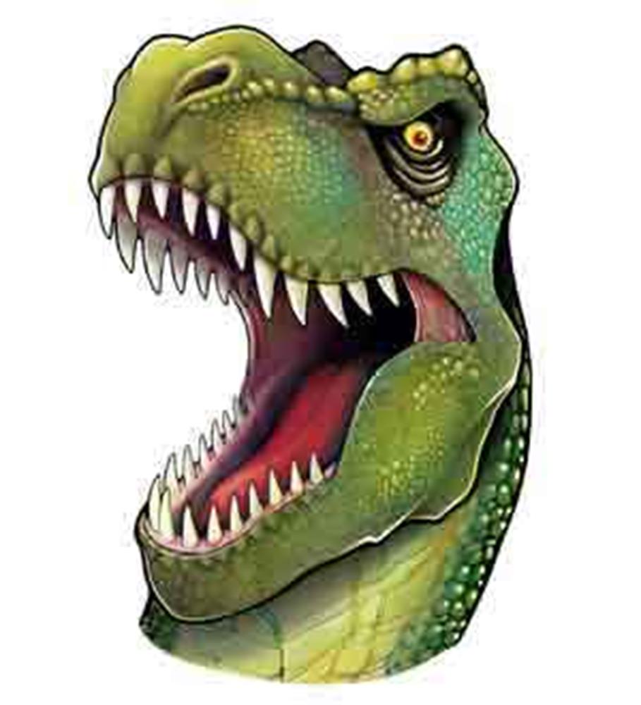Green T-Rex dinosaur cutout with open mouth, sharp white teeth, and textured skin details.