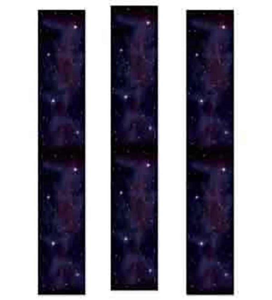 Three vertical dark blue panels decorated with stars and cosmic patterns resembling a starry night sky.