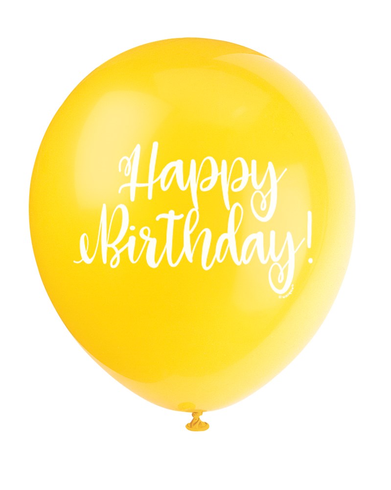 Yellow latex balloon with white "Happy Birthday!" text, 12-inch round shape, 8-pack sale.