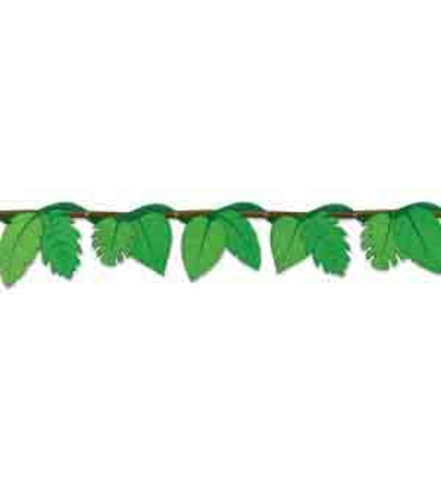 Green paper vine streamer with assorted leaf shapes and textured details for jungle-themed decor.
