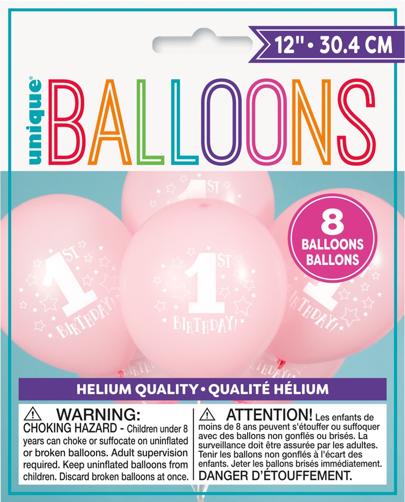 Set of eight 12-inch light pink latex balloons with white "1st Birthday" text and star designs.