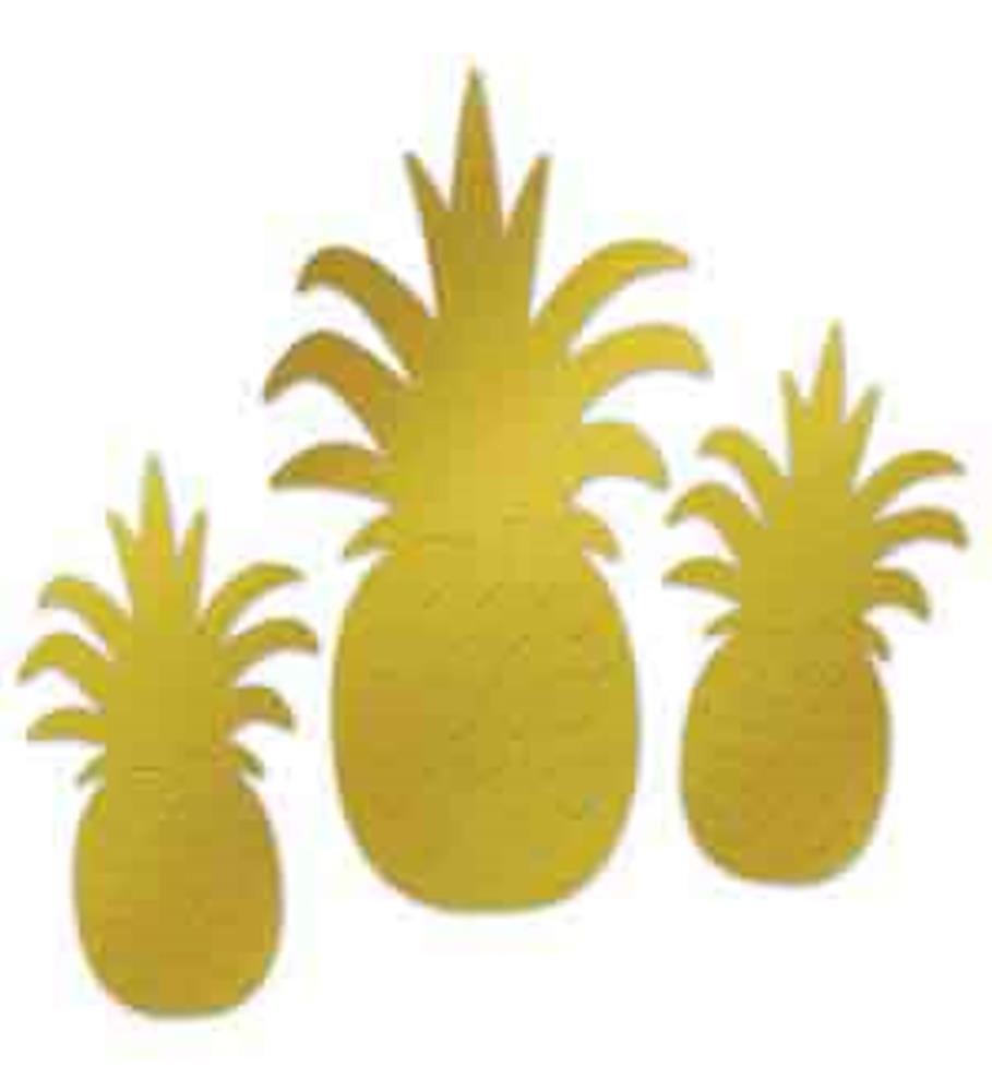 Set of three gold pineapple-shaped metallic silhouettes in varying sizes with textured detail.