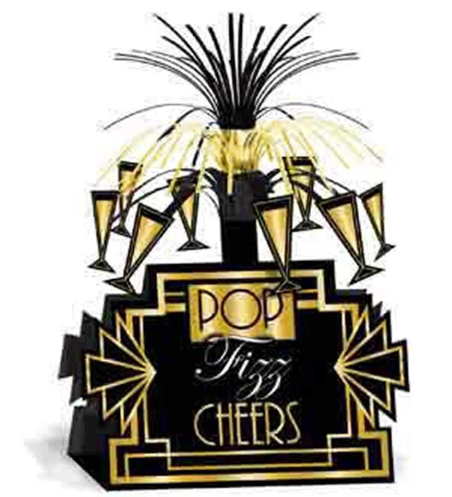Black and gold 1920s-themed centerpiece with champagne glasses and decorative metallic streamers, labeled "Pop Fizz Cheers".