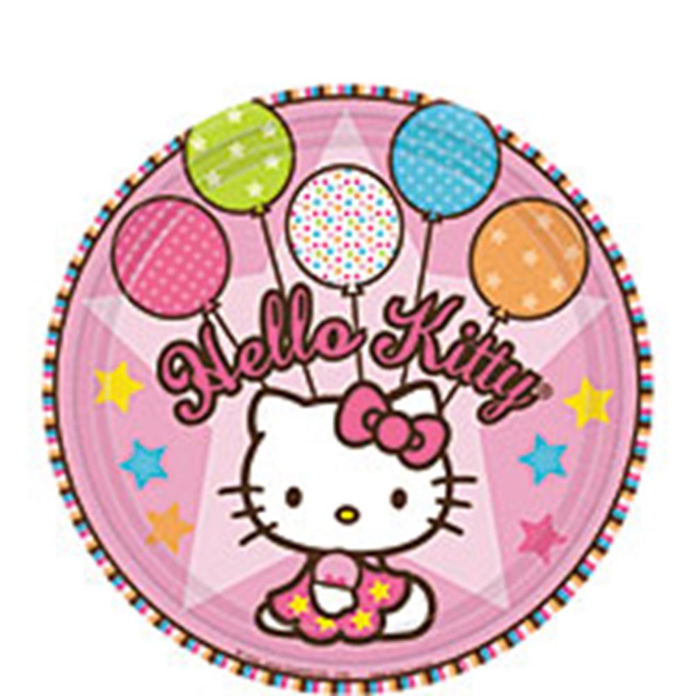 Round pink plate featuring Hello Kitty with a pink bow, surrounded by colorful balloons and stars.