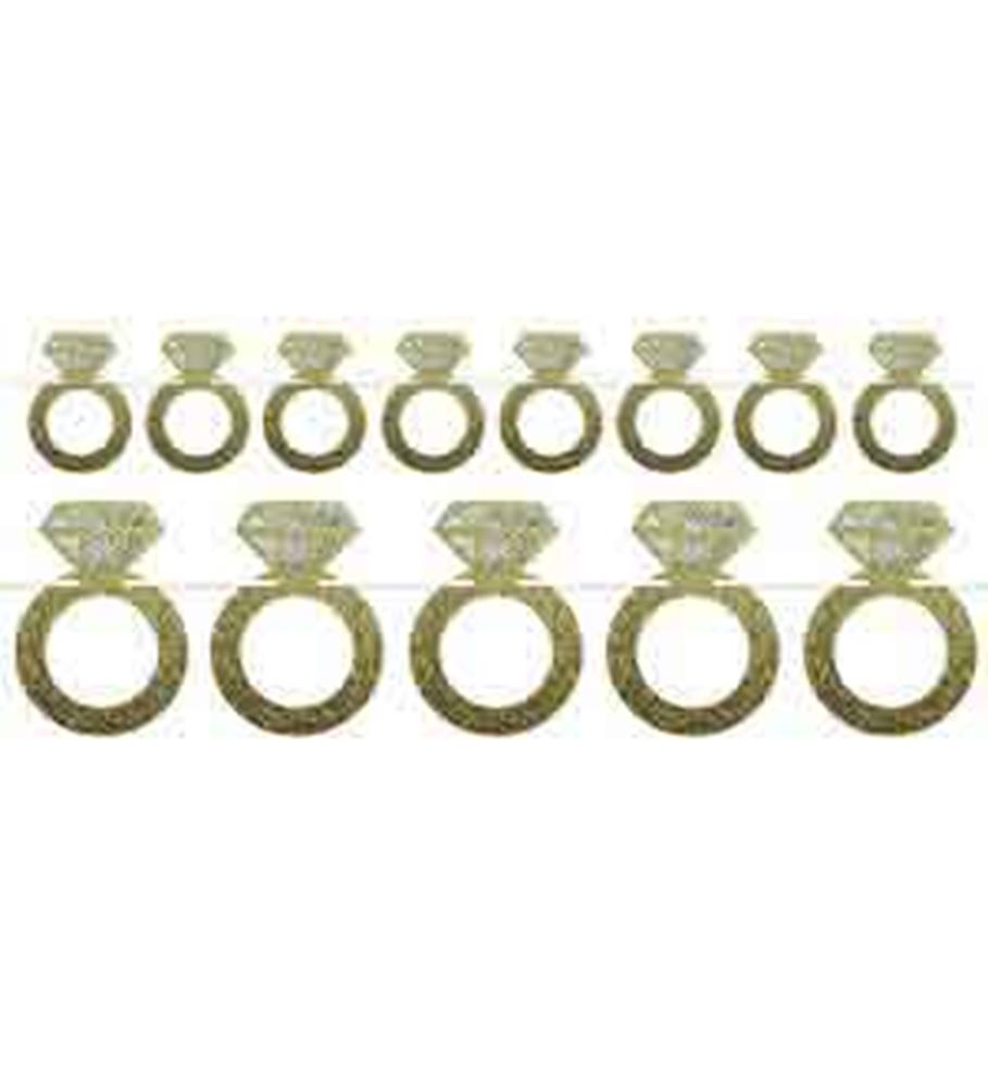 Gold foil diamond ring-shaped hanging streamers with sparkling facets, arranged in two rows.