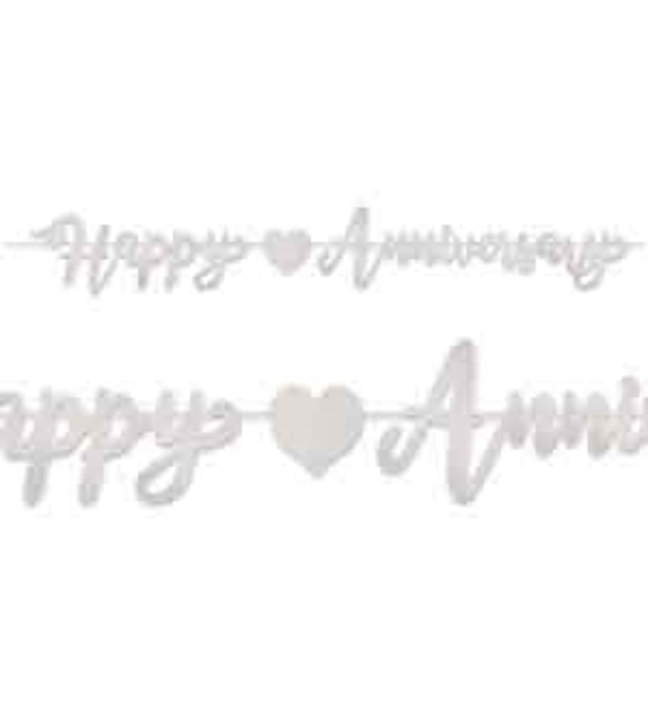Silver foil streamer with cursive "Happy Anniversary" text and a heart shape in the center.