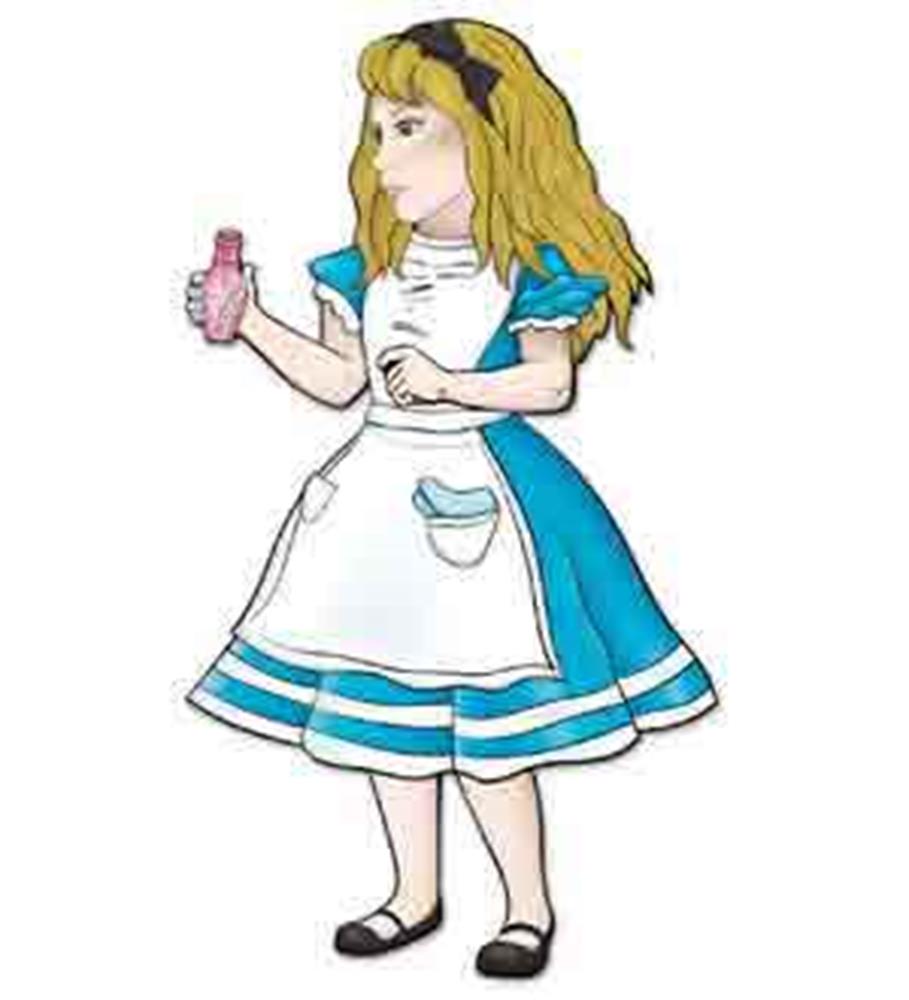 Jointed paper banner featuring classic Alice in Wonderland cartoon girl in blue dress, white apron, and black shoes holding.