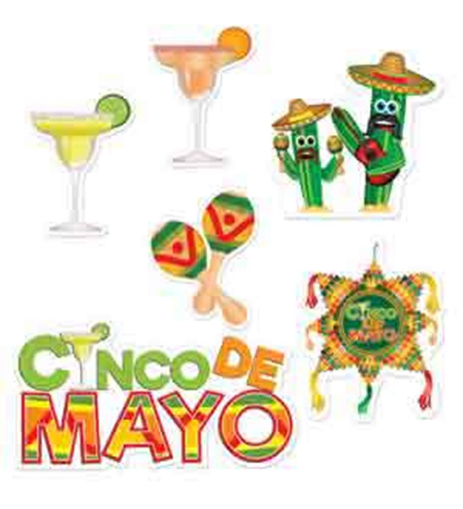 Colorful Cinco de Mayo party cutouts including two margarita glasses with orange and lime garnishes, a pair of red and green