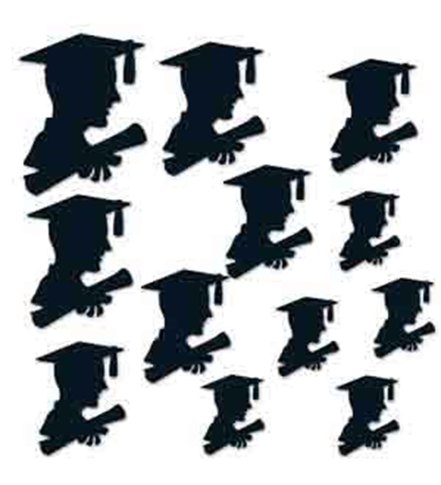 Black silhouette of a boy in graduation cap holding a diploma in multiple sizes.