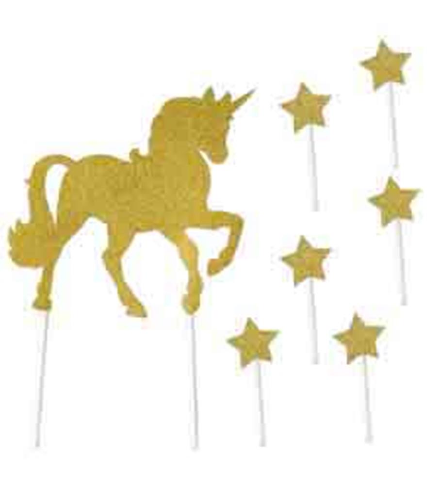 Gold glitter unicorn cake topper with raised front leg and six gold glitter star picks on white sticks.