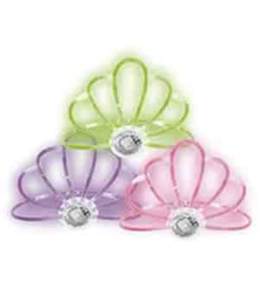 Assorted glow tiaras in pastel green, purple, and pink with rounded petal shapes and clear gem accents.