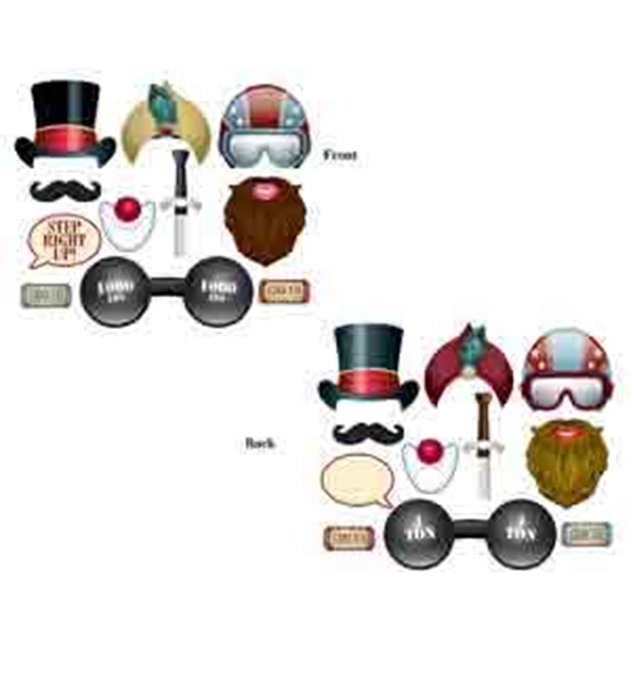 Vintage circus-themed photo booth props including top hats, mustaches, glasses, clown nose, beards, and speech bubbles in.