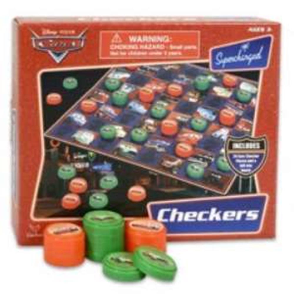 Checkerboard game set with colorful green and orange round pieces and a Cars-themed design on the board and packaging.