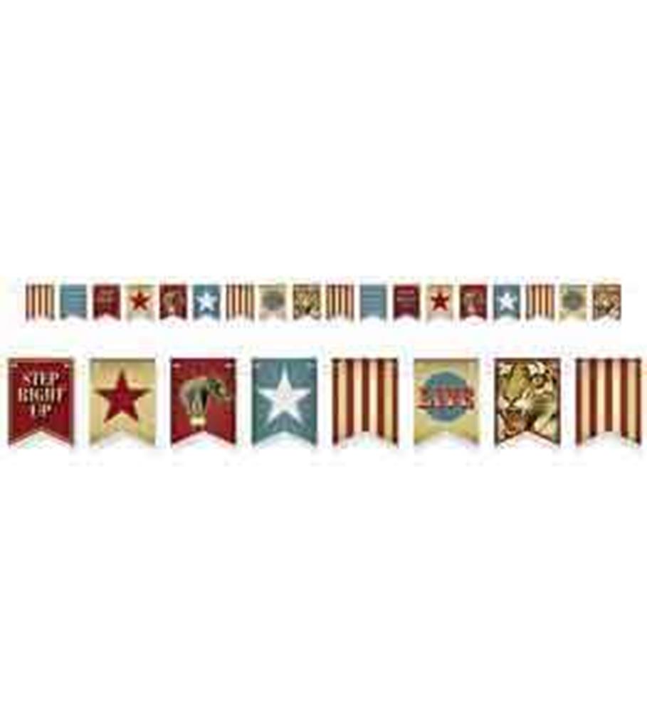 Vintage circus-themed paper streamer with alternating red, blue, and beige panels featuring stars, stripes, and circus.