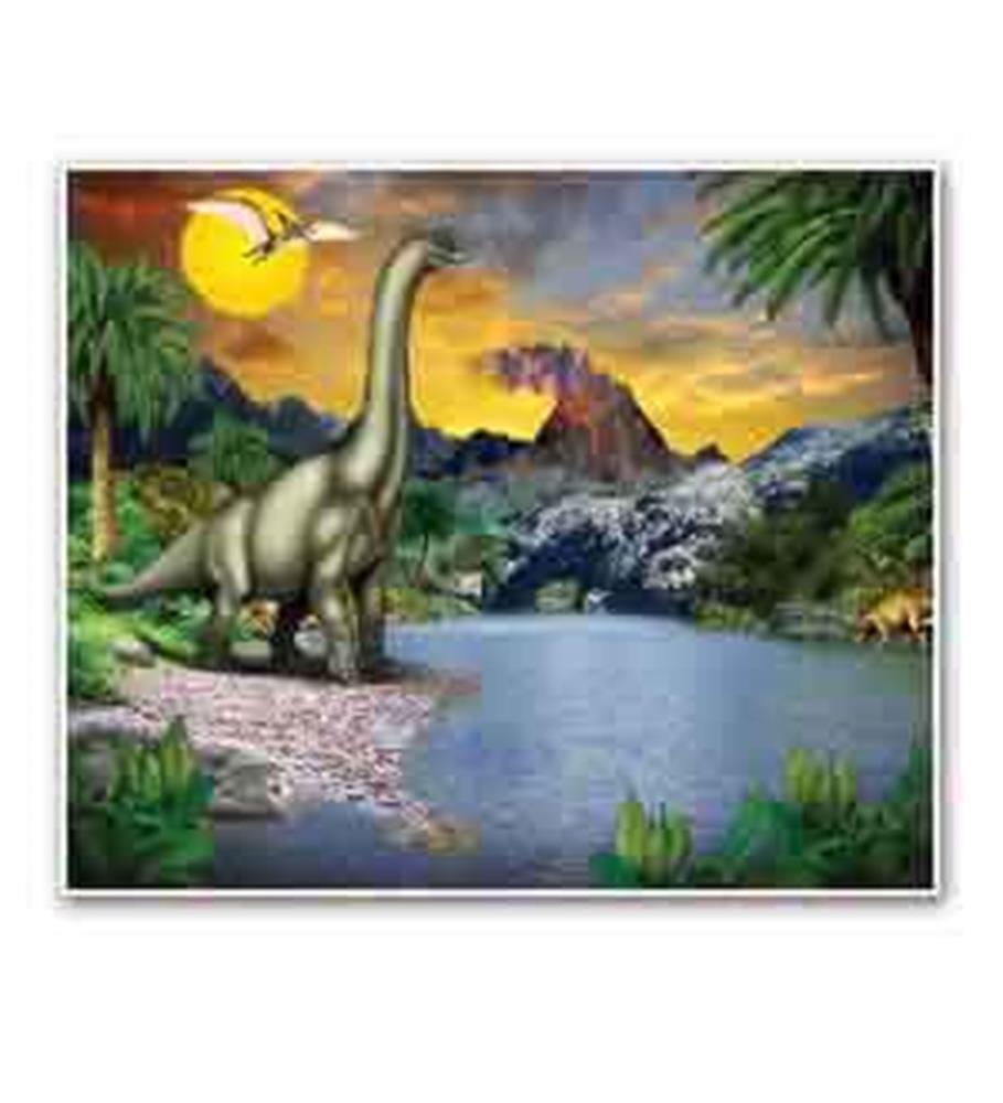Colorful dinosaur mural featuring a green sauropod by a lake with volcano and jungle backdrop at sunset.