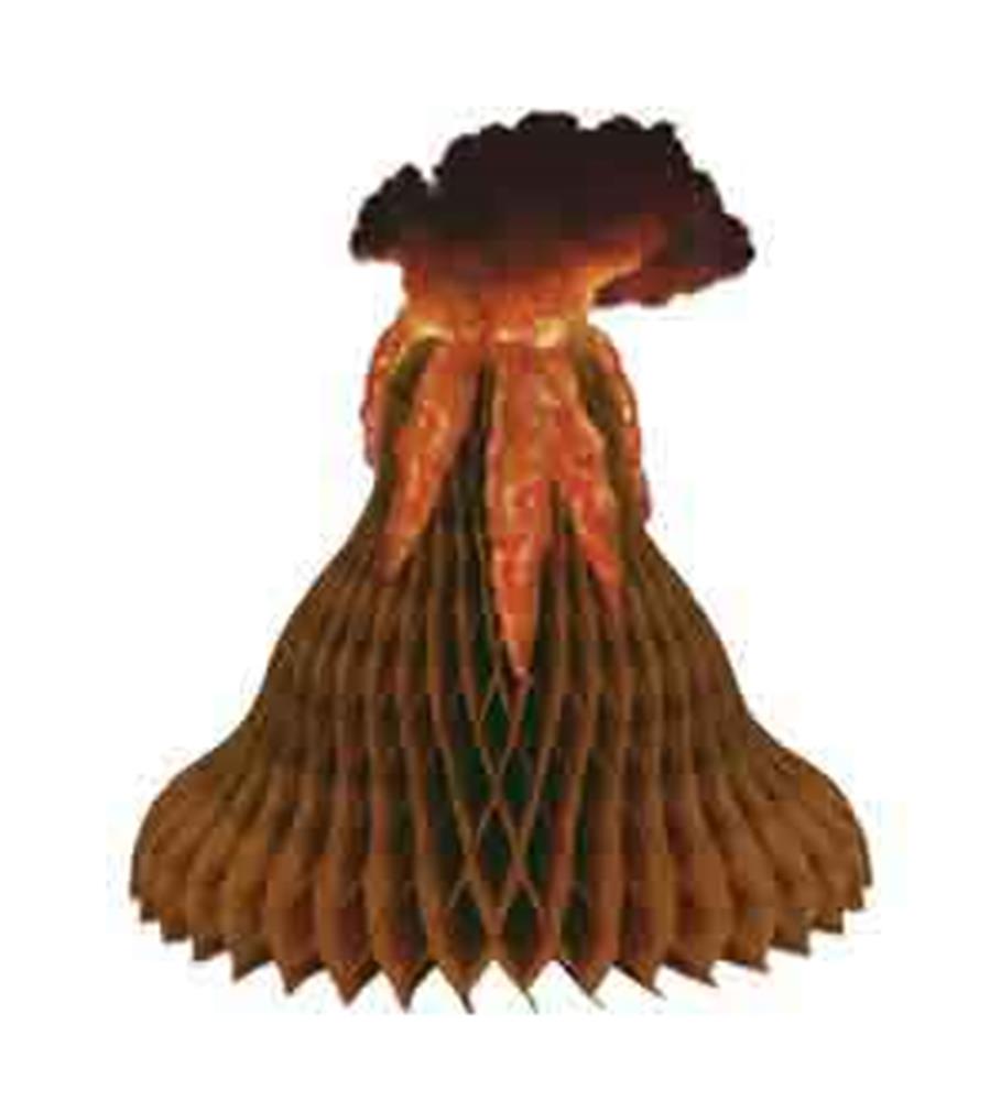 Brown honeycomb paper volcano with red tissue paper lava and smoke explosion top decoration.