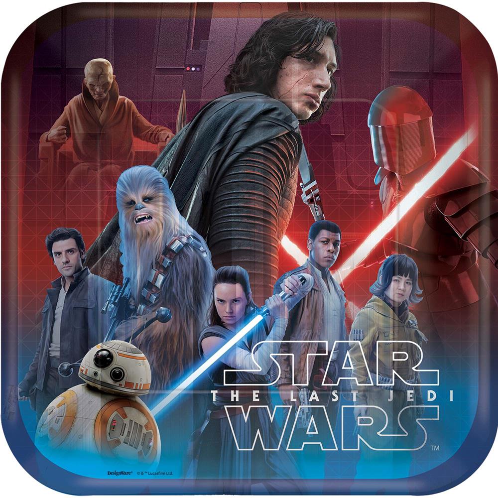 Square blue paper plate featuring Star Wars Last Jedi characters with lightsabers and logo, set of 8.