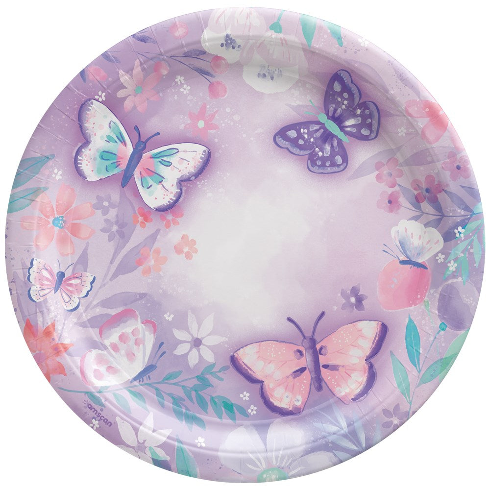 9-inch round paper plate with pastel butterflies and floral design in purple and pink tones.