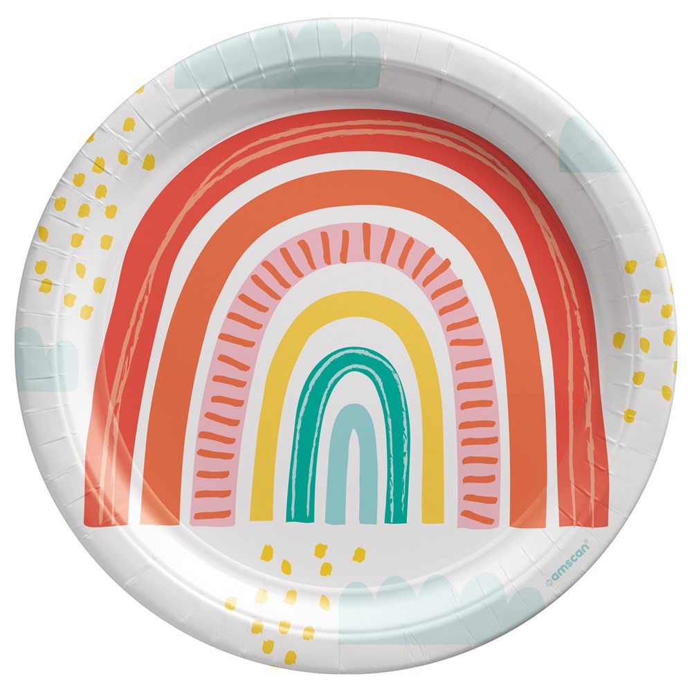 9-inch round paper plate with a retro rainbow design in red, pink, yellow, and teal on a white background with yellow.