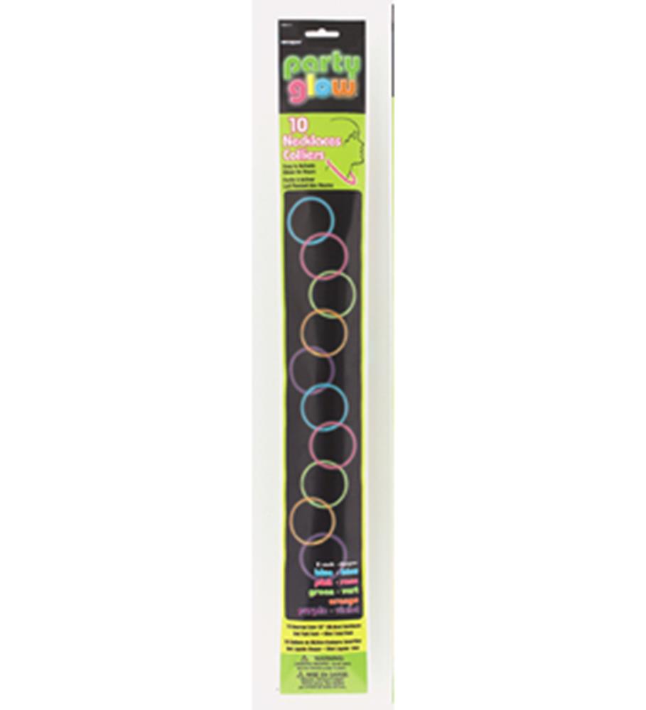 Pack of 10 assorted glow necklaces in vibrant colors on black card packaging.