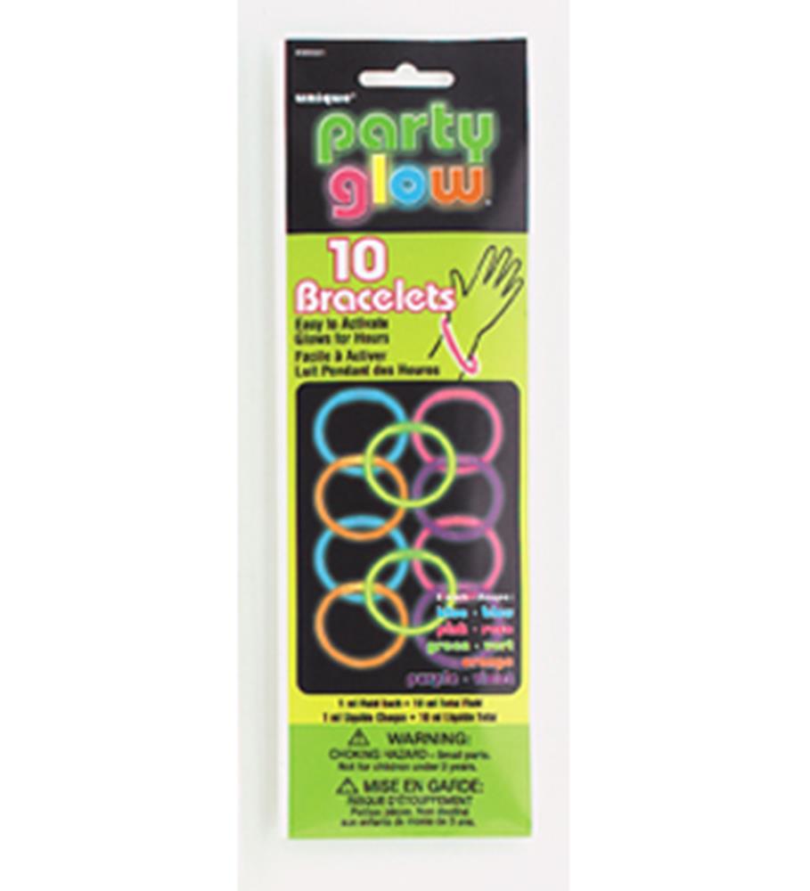 Bright neon glow bracelets in assorted colors including pink, green, yellow, and blue, packaged in a clear blister pack.
