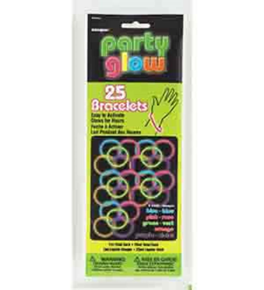 Pack of 25 assorted 8-inch glow bracelets in neon pink, green, yellow, and orange, packaged for parties.