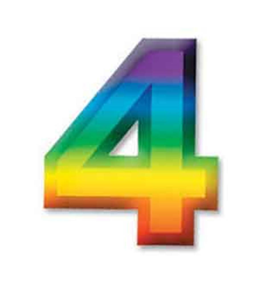 Colorful 3D number 4 with gradient rainbow hues and glossy finish for party decoration.