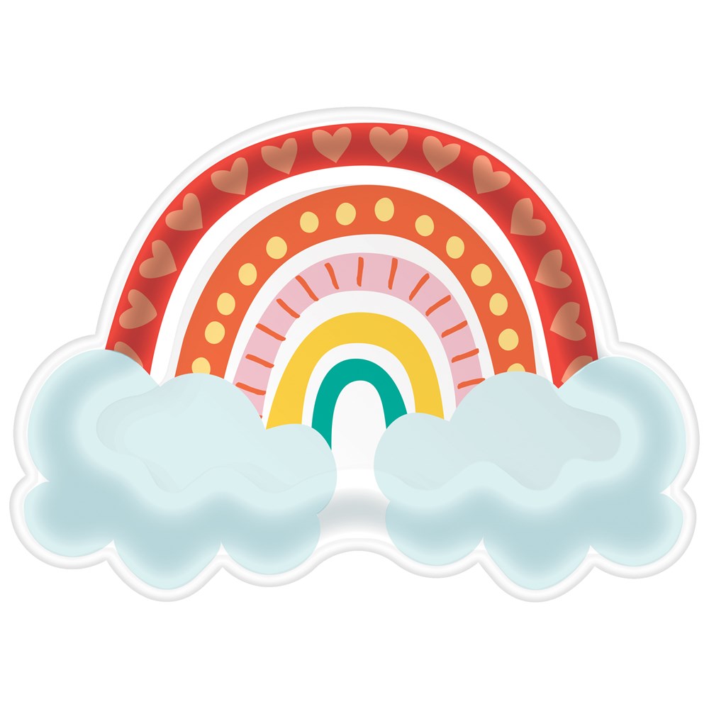 Rainbow-shaped paper plate with red, orange, pink, yellow, and teal arches, decorated with hearts and dots, flanked by two.