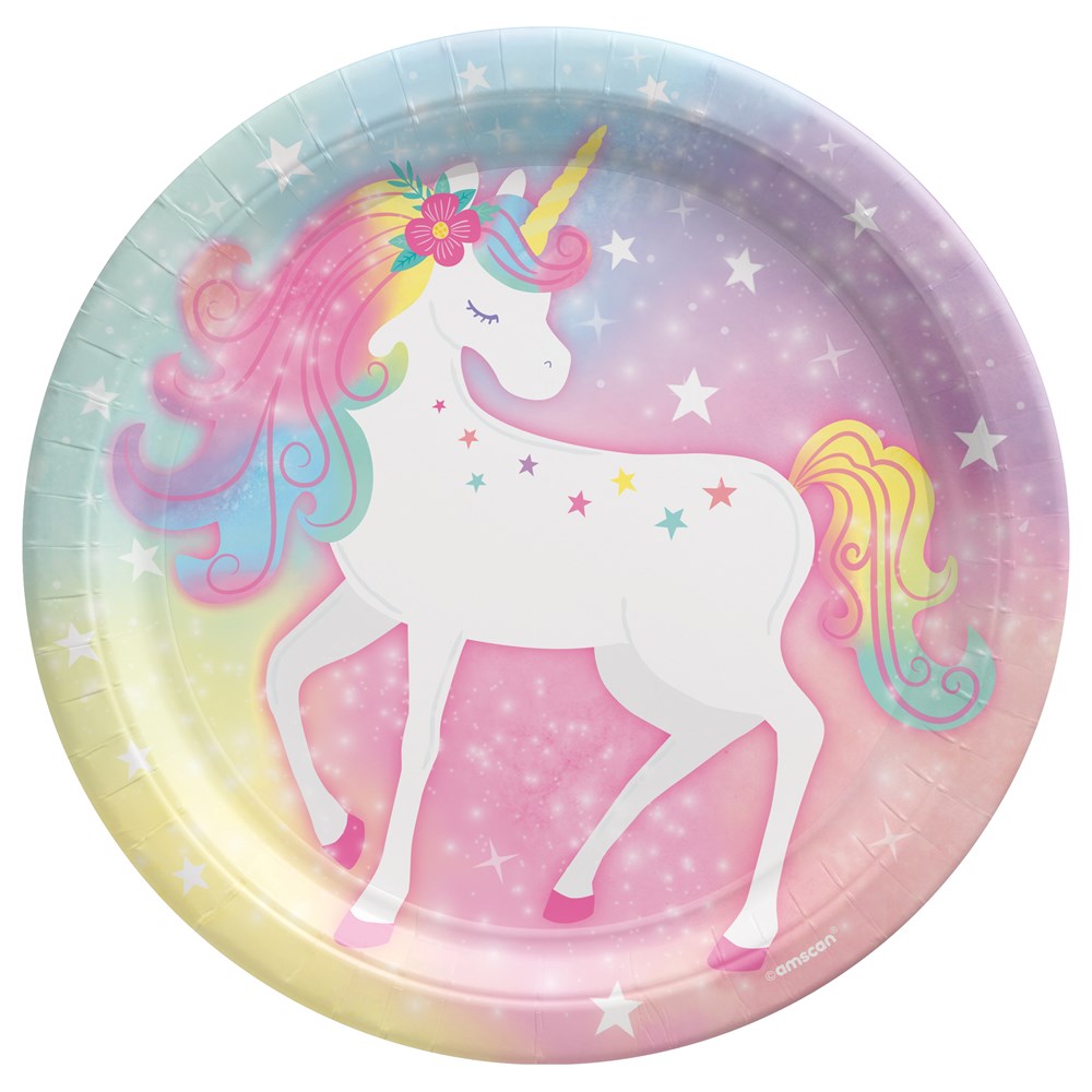 Round 9-inch paper plate with pastel rainbow background and a white unicorn with pink, blue, and yellow mane and tail.