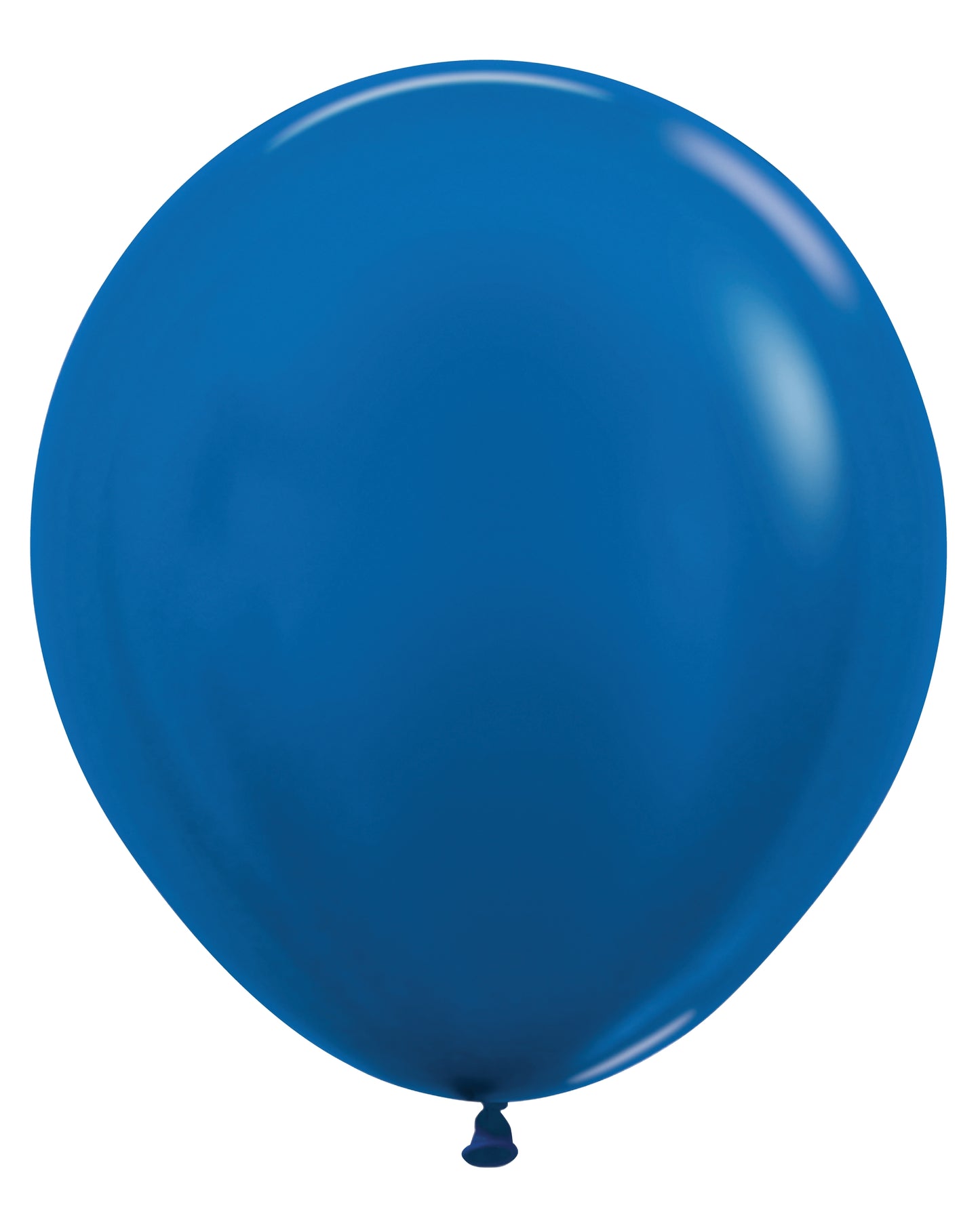Shiny metallic blue latex balloon inflated to 18 inches with smooth surface and tied end.