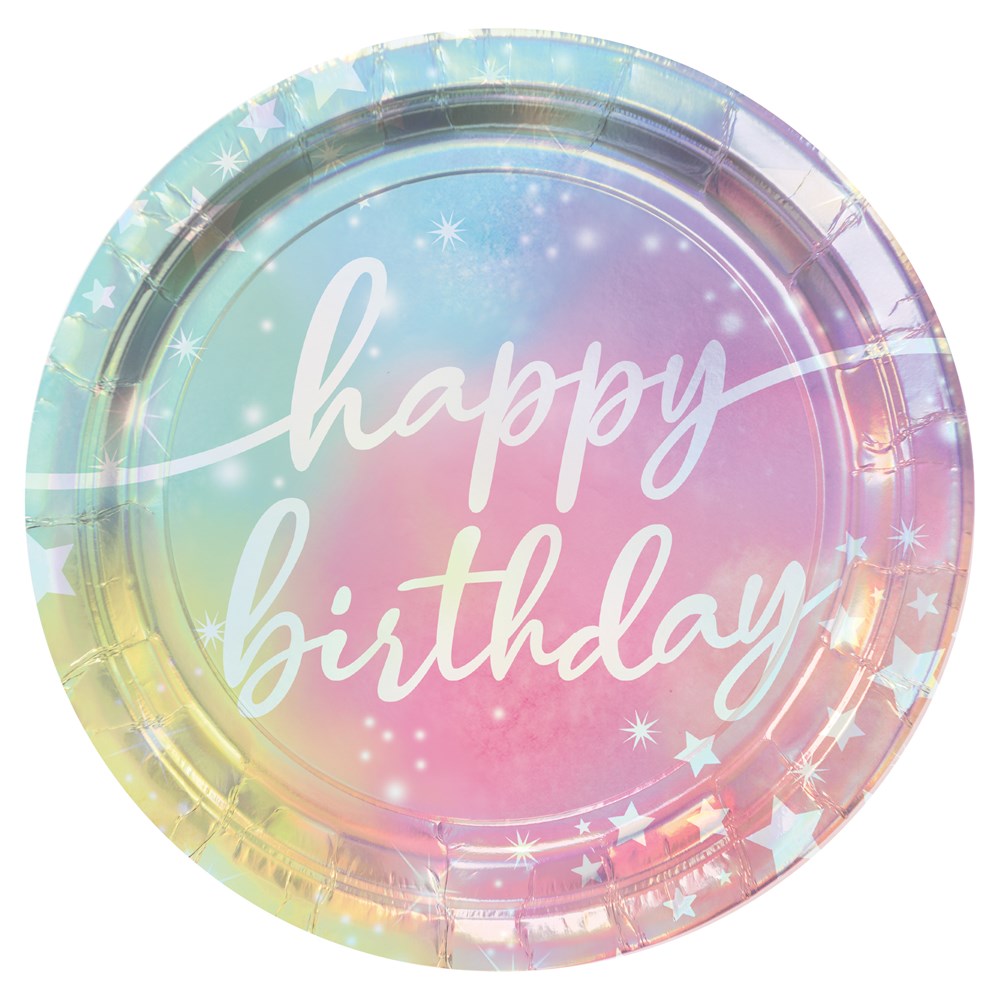 9-inch round iridescent paper plate with pastel rainbow hues and white "happy birthday" script with star accents.