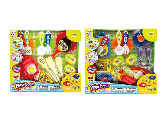 Two colorful plastic kitchen play sets with utensils, pots, pans, and food accessories in bright red, yellow, blue, and.