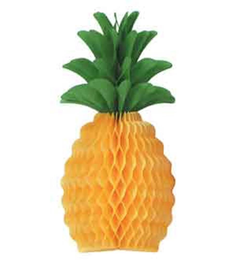 Yellow honeycomb tissue paper pineapple decoration with green leaves on top, 20 inches tall.