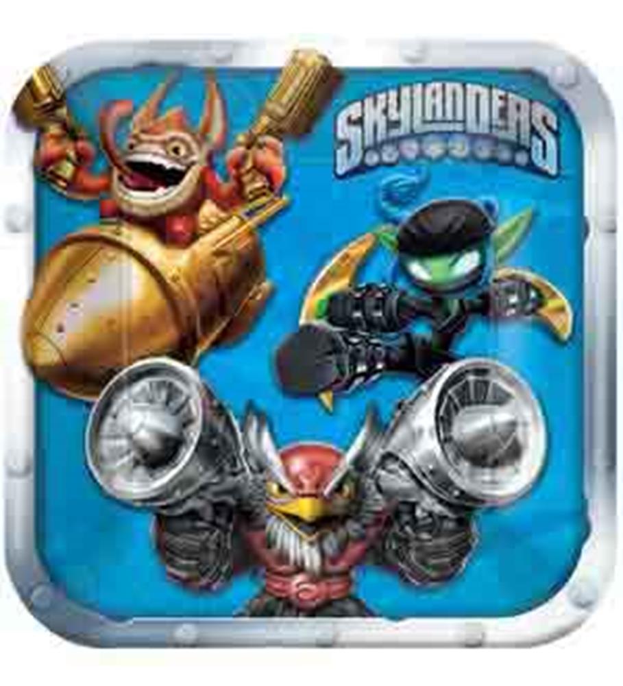 Square disposable plate with colorful Skylanders characters on a bright blue background, featuring metallic silver rims.