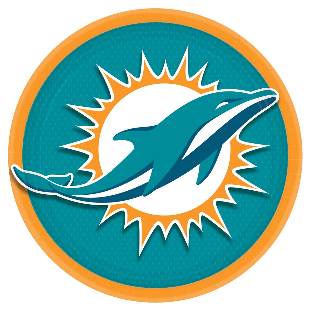 Round 9-inch paper plates with teal background, orange rim, and Miami Dolphins logo in center.