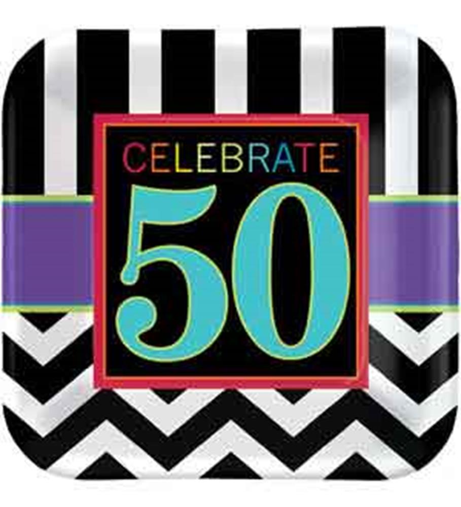Square plate with black and white stripes and chevron pattern, purple band, and colorful "Celebrate 50" text in center.