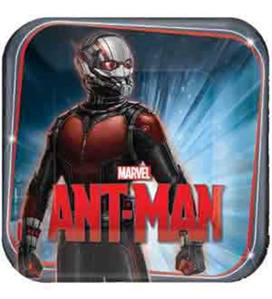 Square paper plate with a red and black Ant-Man superhero design and Marvel logo, set on a blue background.