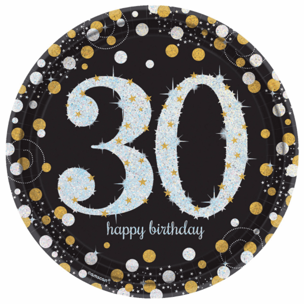 Round black party plate with large blue "30" decorated with gold stars and multicolored confetti dots.
