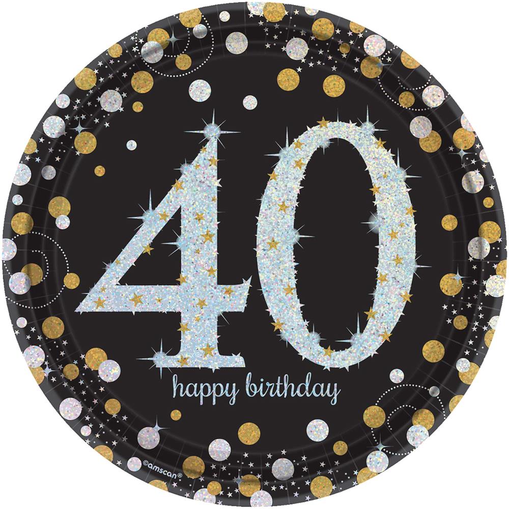 Black 9-inch round plate with sparkling silver "40" and gold, silver confetti dots, "happy birthday" text.