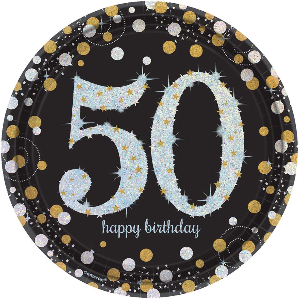 Black round plate with sparkling silver "50" and "happy birthday" text surrounded by gold and silver confetti dots.