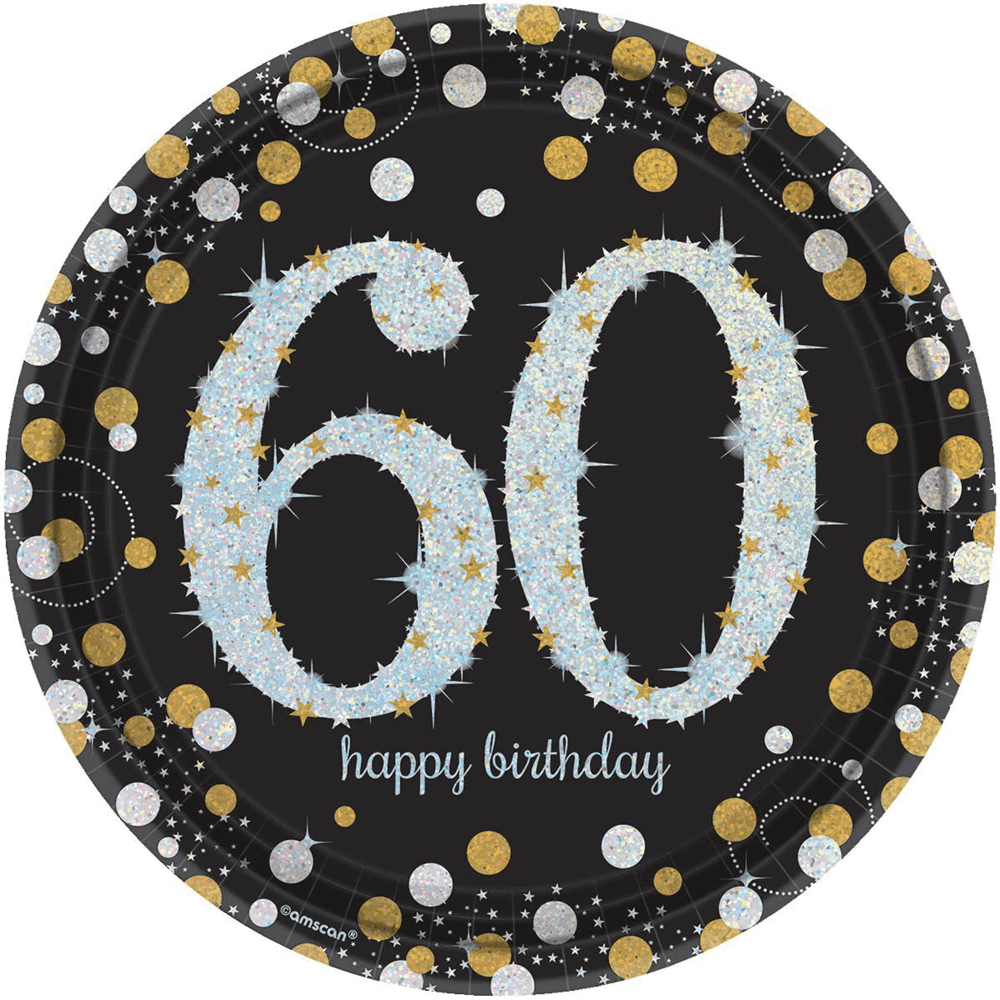 Black round plate with sparkling blue "60" and gold confetti dots, "happy birthday" text in blue.