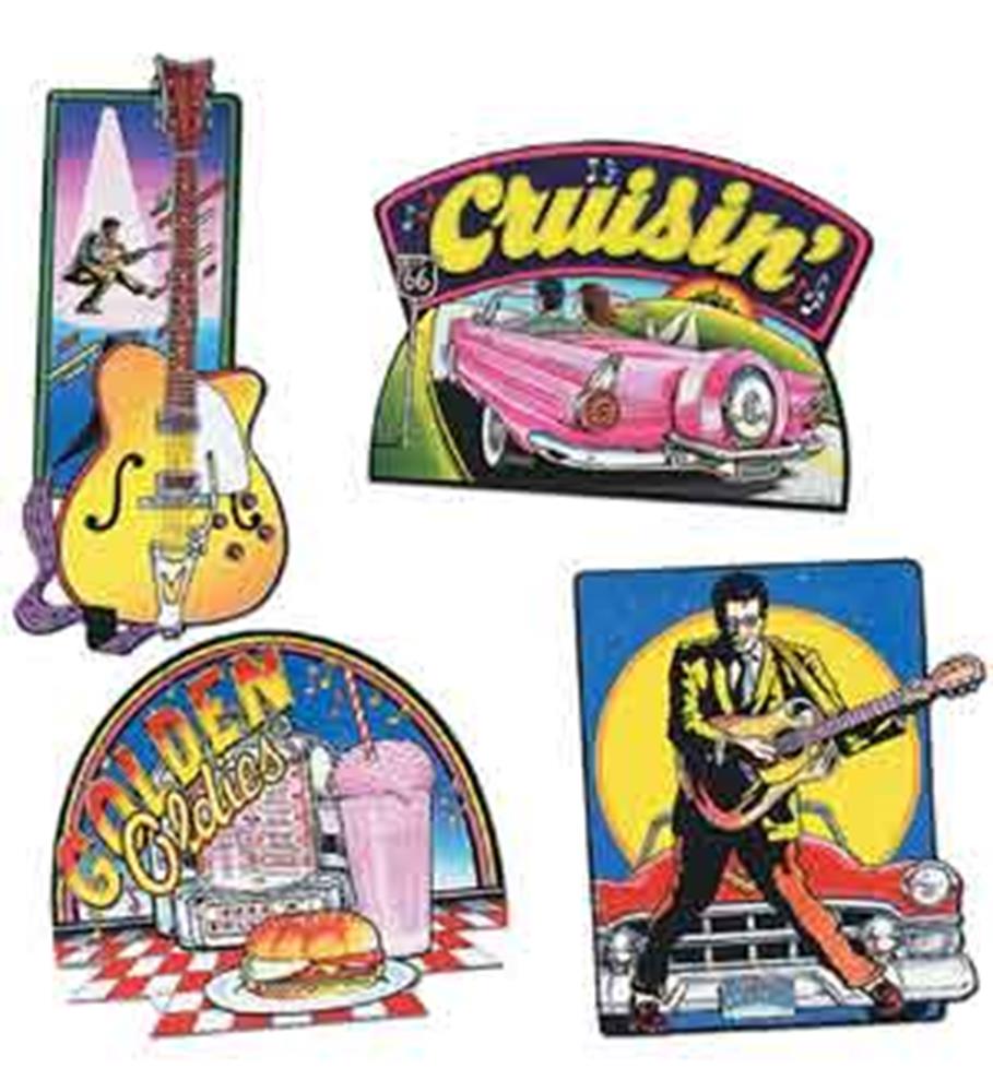 Set of four colorful retro-themed cutouts featuring a yellow electric guitar, pink classic car with "Cruisin'" text, 1950s.