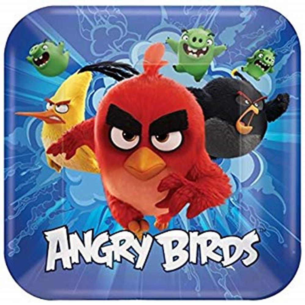 Square bright blue plastic plate featuring Angry Birds characters Red, Chuck, Bomb, and green pigs with "Angry Birds" logo.