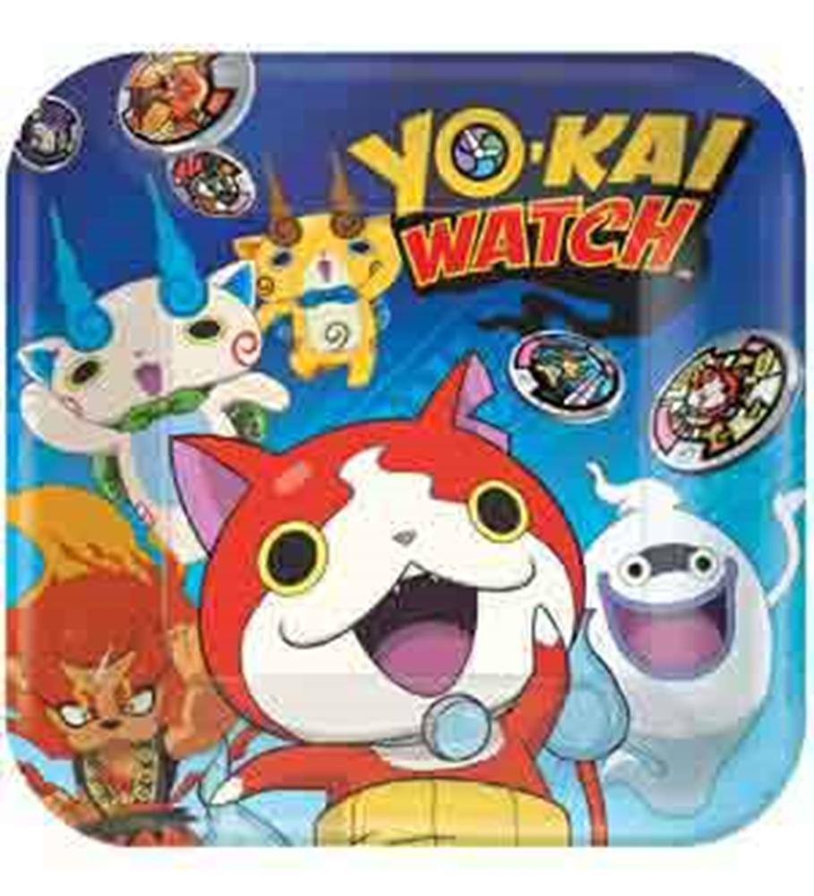 Square blue paper plate featuring colorful Yokai Watch characters and logo in yellow and red.