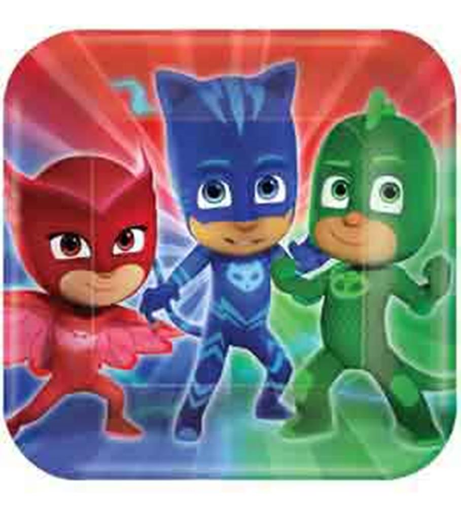 Square red-edged plastic plate featuring PJ Masks characters Catboy, Owlette, and Gekko in action poses.