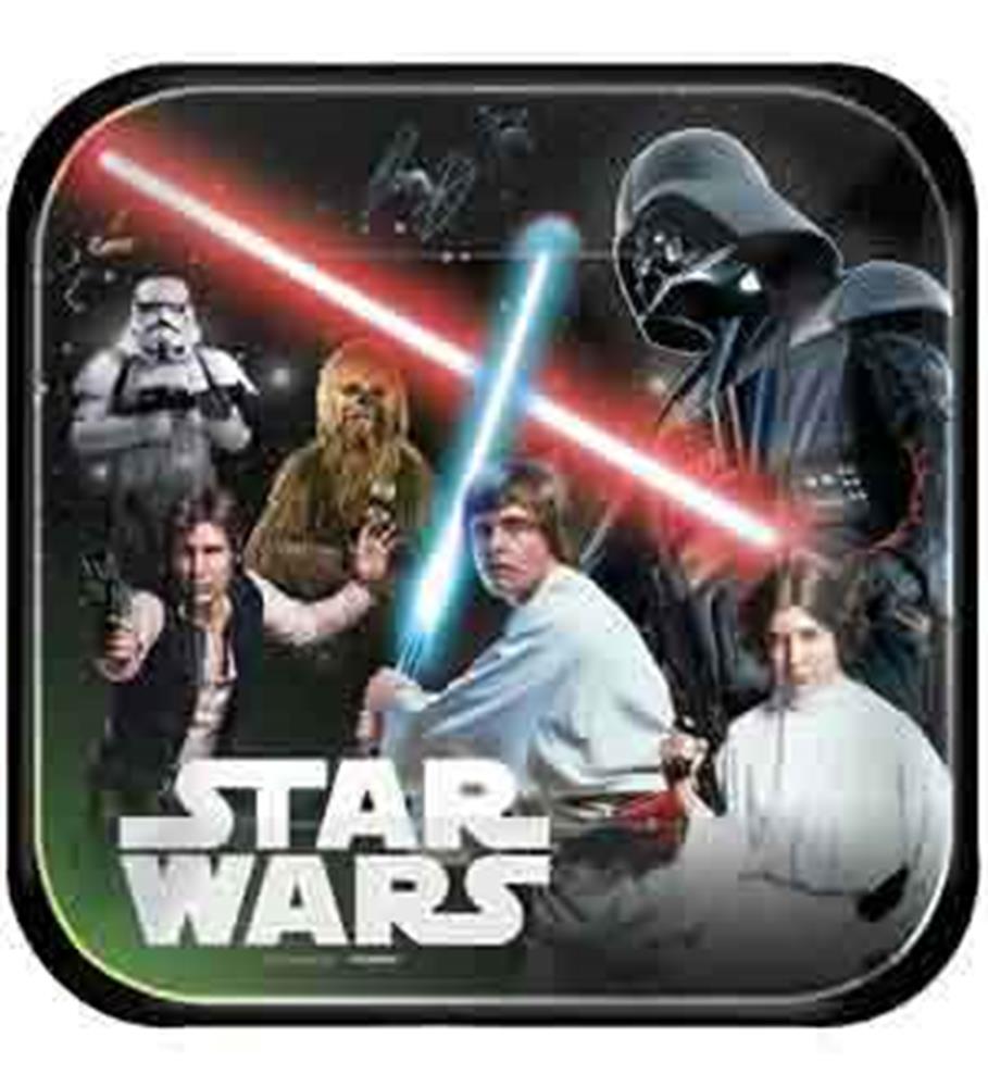 Square black plastic plate with Star Wars characters and glowing red and blue lightsabers, featuring Stormtrooper, Darth.