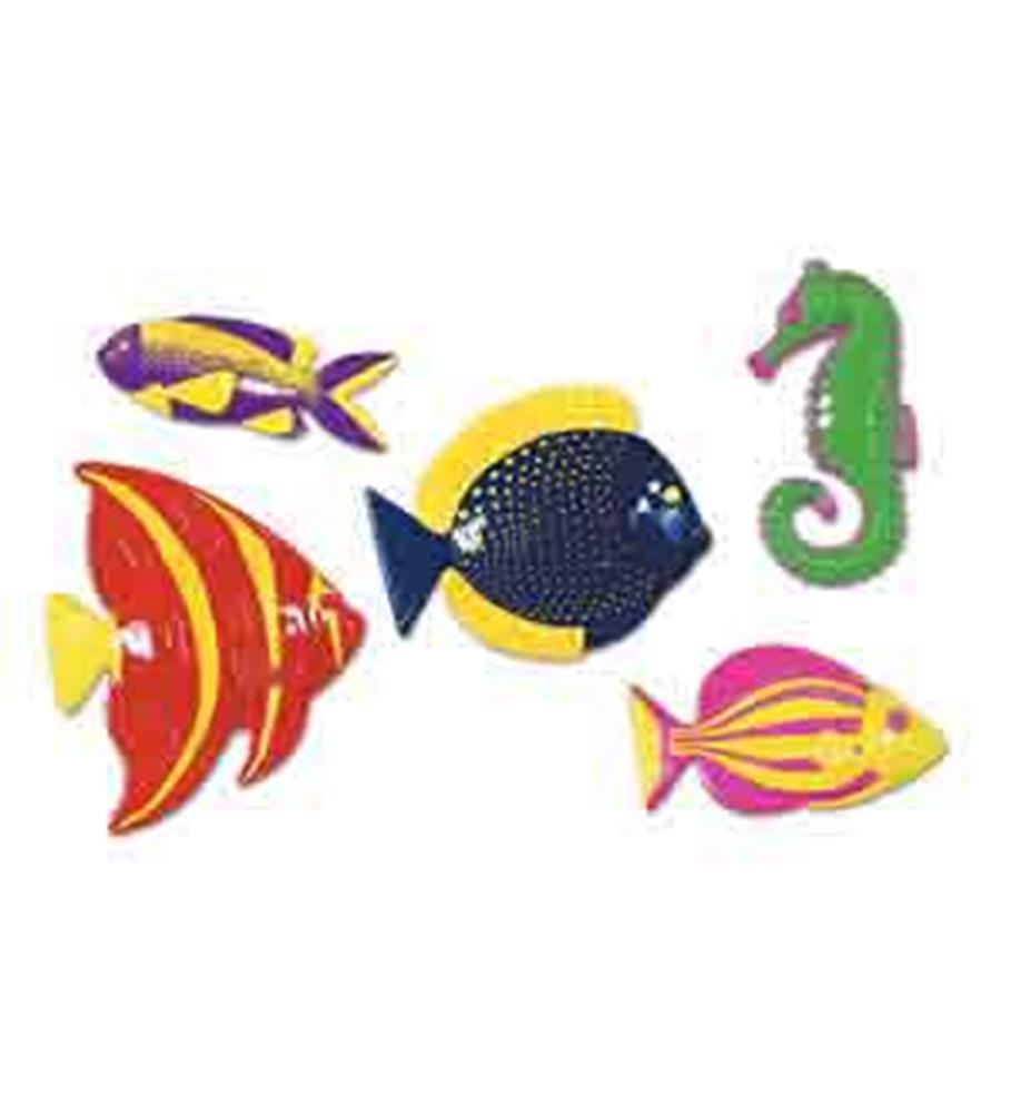 Set of five colorful plastic tropical fish shapes including orange angelfish, yellow-purple striped fish, blue-yellow.