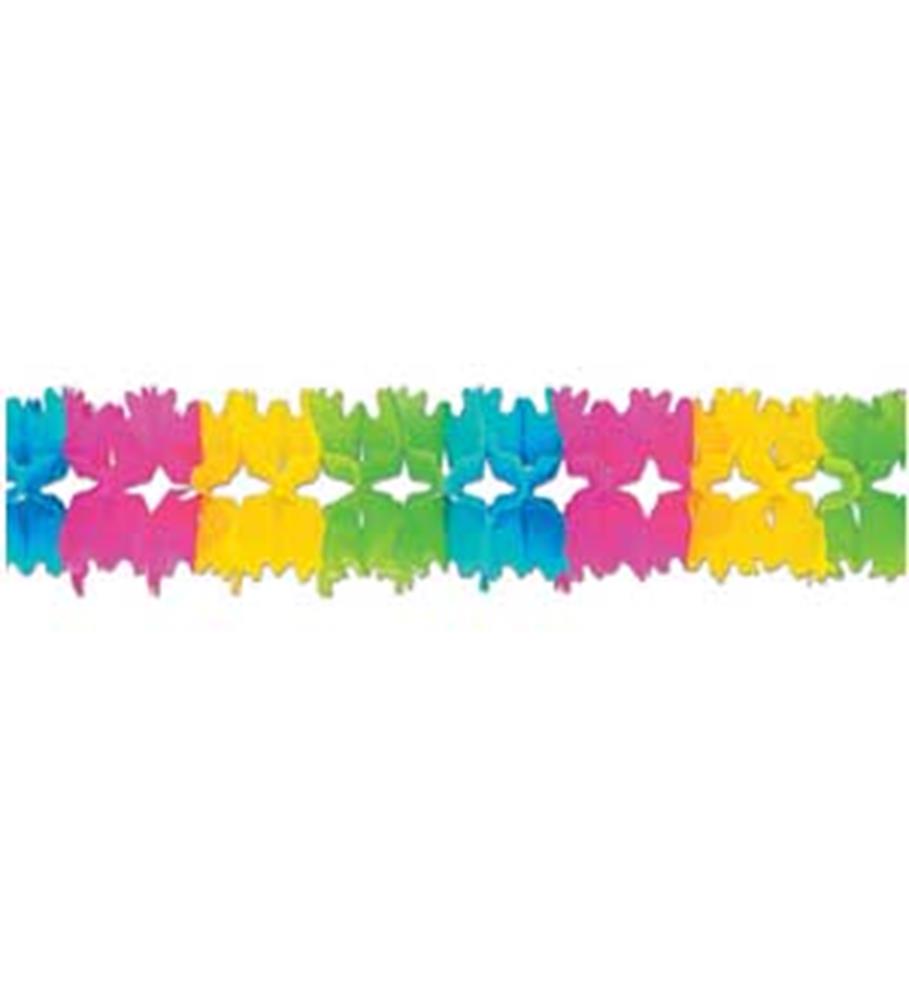 Colorful paper garland with repeating star and crown cutout shapes in pink, blue, yellow, and green.